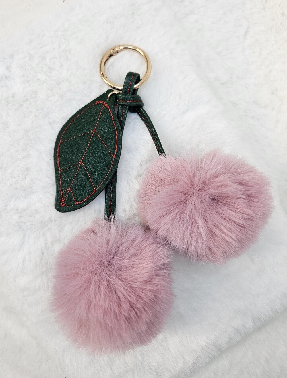 Pink Pom Pom Cherry Keychain with Green Leaf Accent